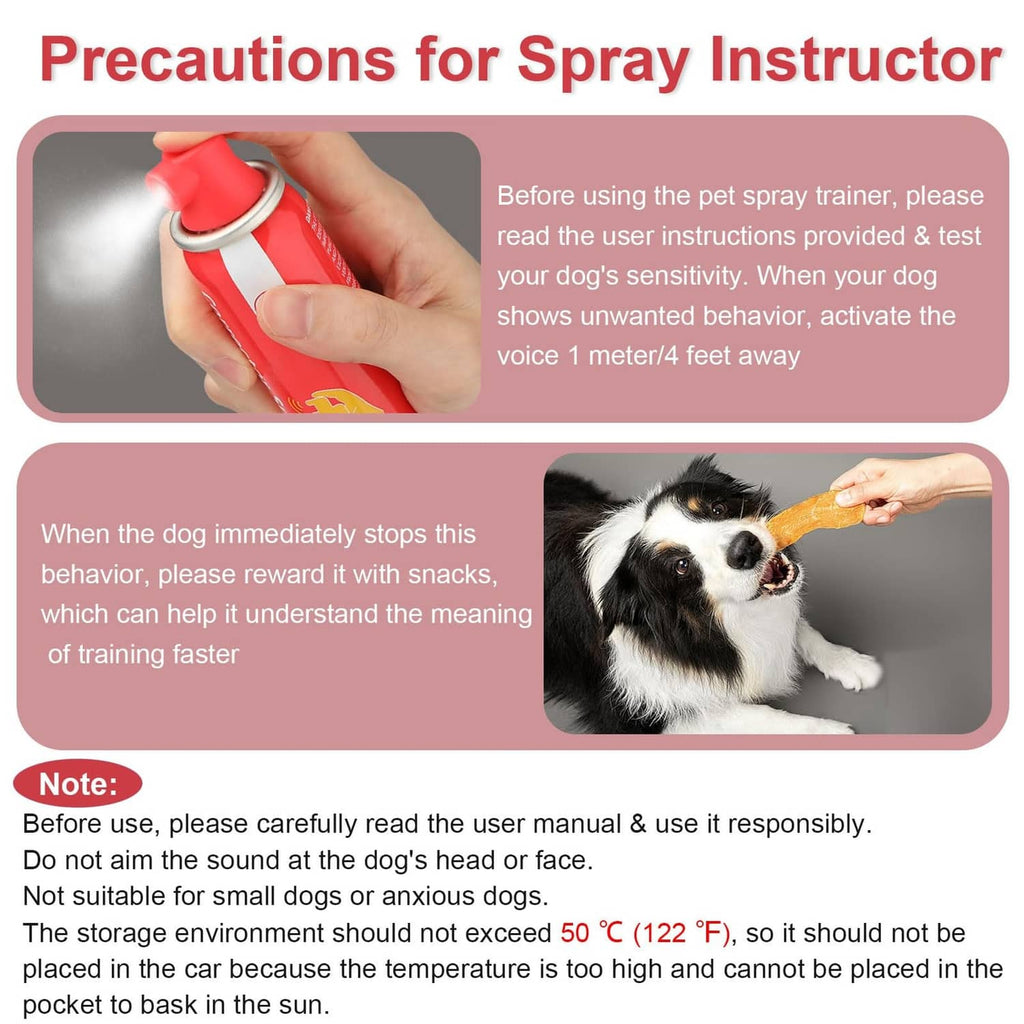 Precautions infographic for pet spray trainer with hand pressing nozzle and safety warnings.