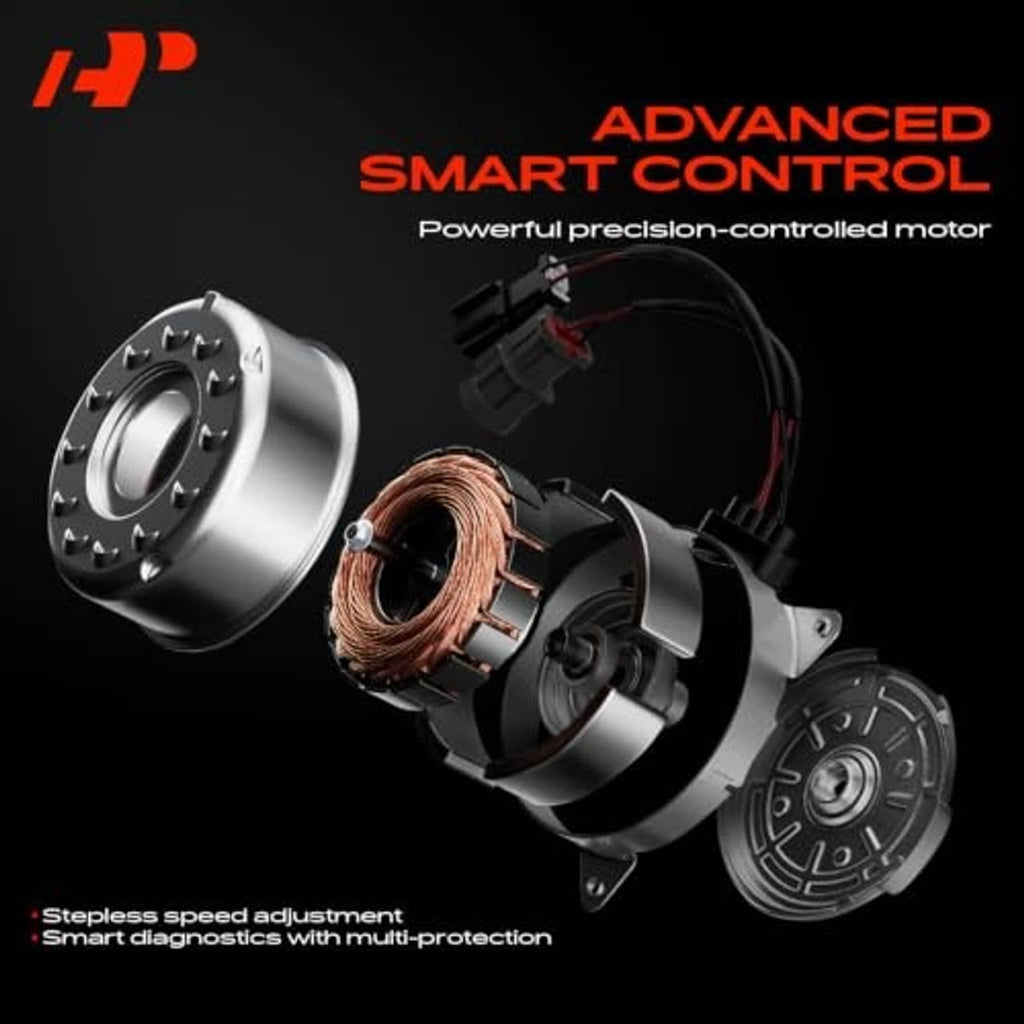 Radiator cooling fan motor in exploded view with copper coil and wiring connectors