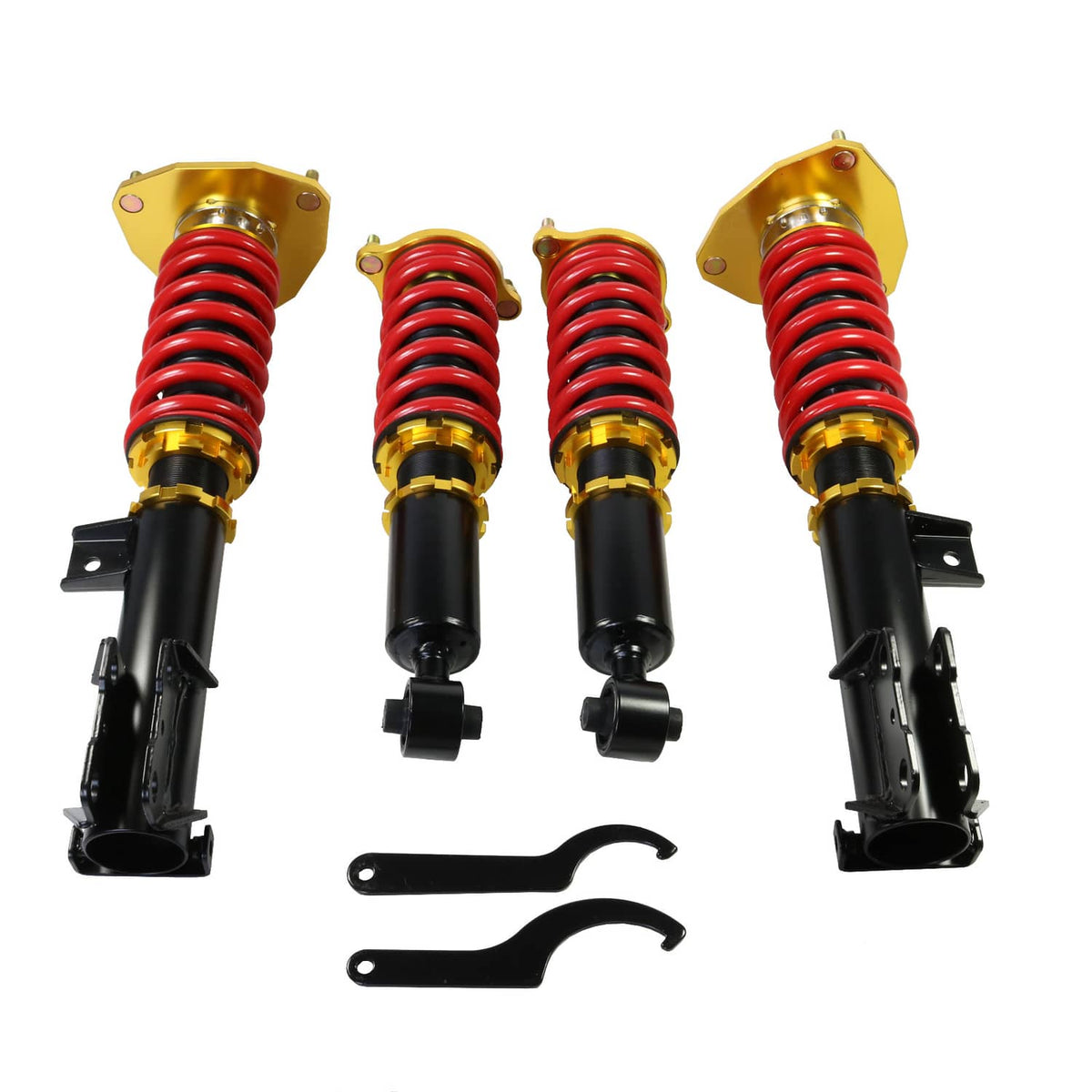 Four coilover shocks front view with red springs, gold tops, black struts, and brackets
