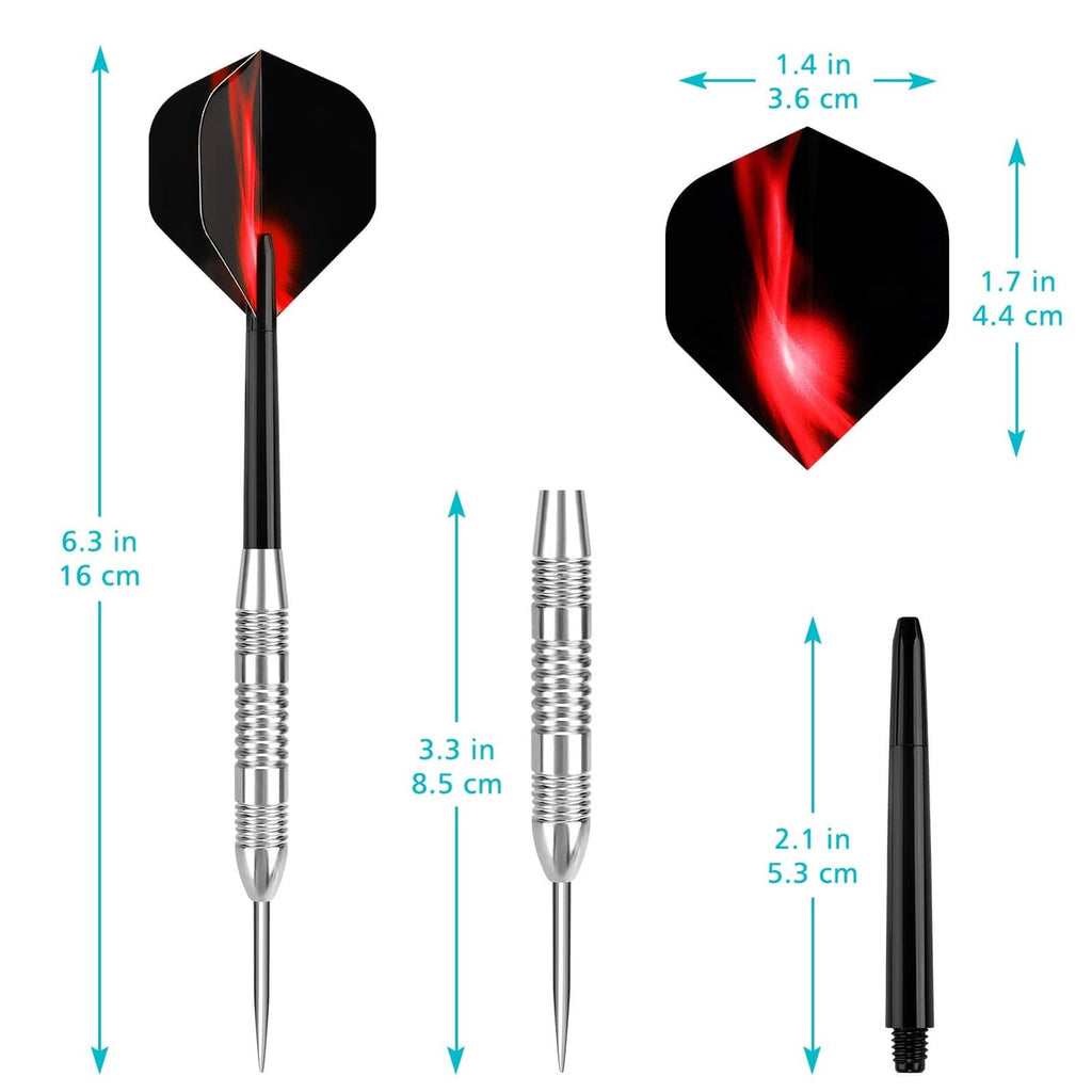 Dart set size chart with long black stems, silver barrel, and black flights with red accents
