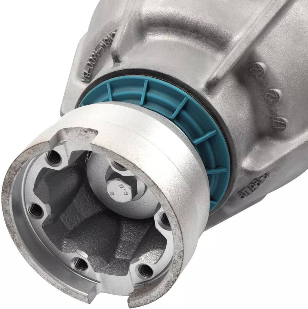 Close-up of rear differential flange with blue seal ring on silver housing.