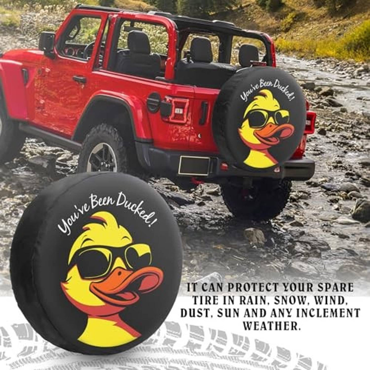 Black spare tire cover with duck face graphic mounted on red off-road vehicle