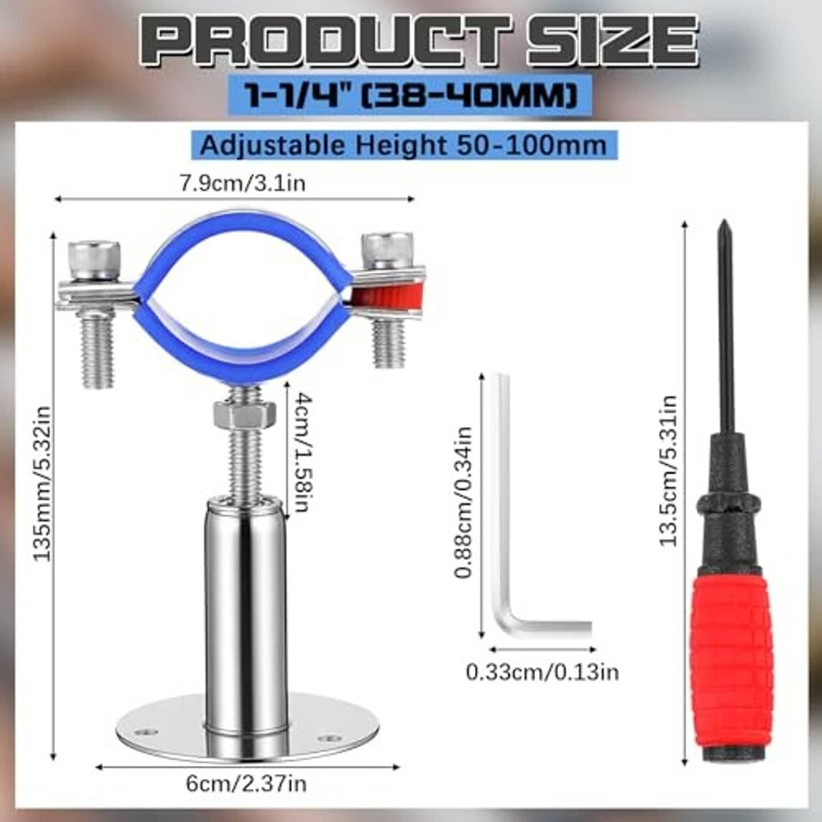 Adjustable stainless steel pipe support bracket with blue silicone clamp and round base