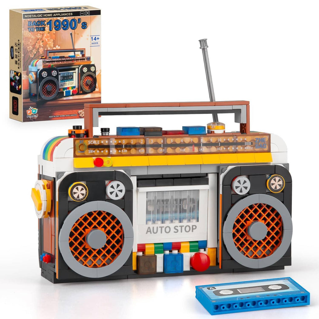 Retro radio building blocks with large speaker grilles, colorful buttons, and top antenna