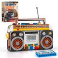 Retro radio building blocks with large speaker grilles, colorful buttons, and top antenna