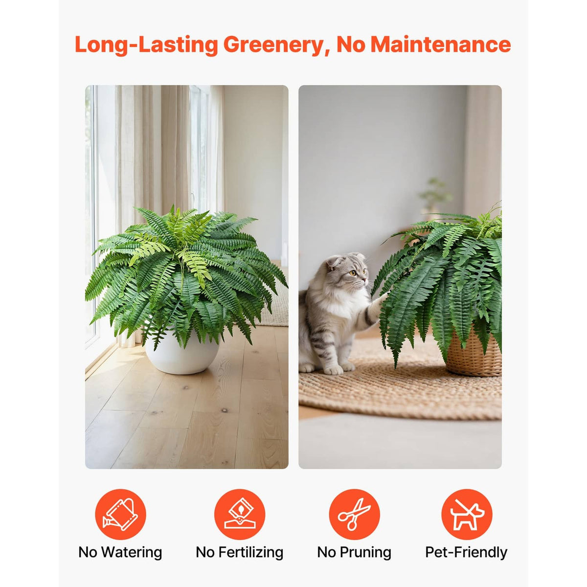 Artificial green fern plant in a white pot, shown indoors with no maintenance