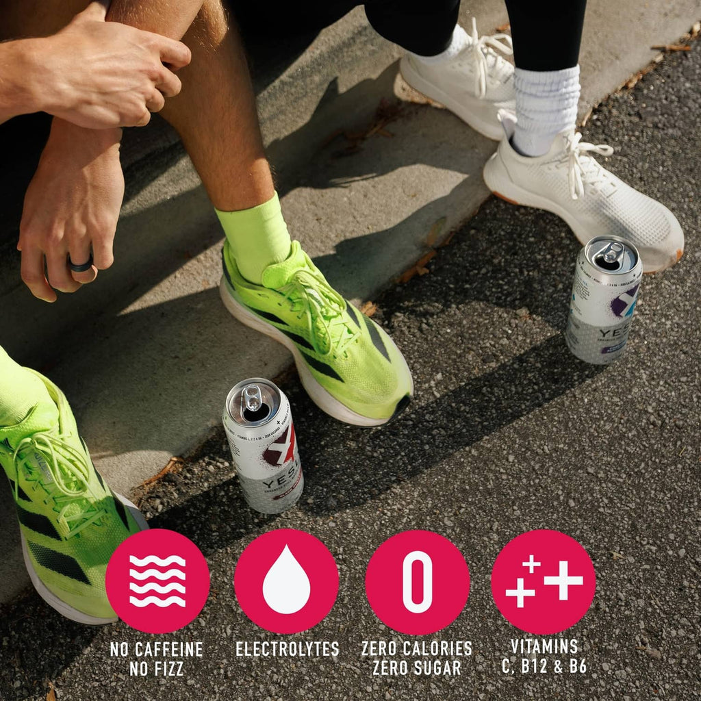 Functional water cans near runners, with icons for no caffeine, no fizz, electrolytes