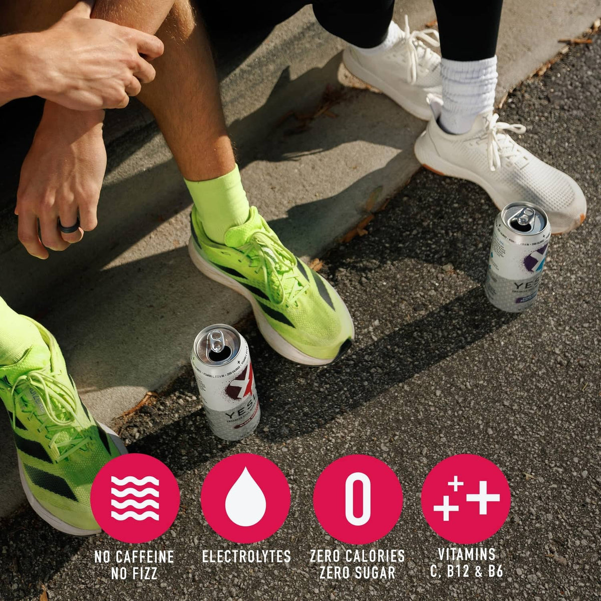 Functional water cans near runners, with icons for no caffeine, no fizz, electrolytes