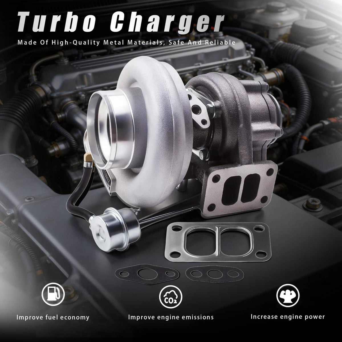 Turbocharger with silver compressor housing, black exhaust housing, and mounting gasket set