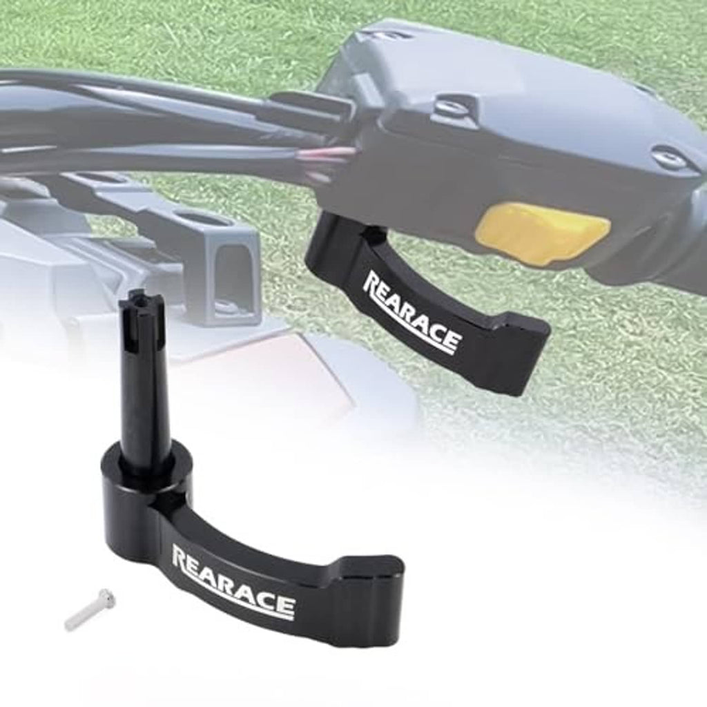 Black thumb throttle lever with REARACE label, mounted on ATV handlebar