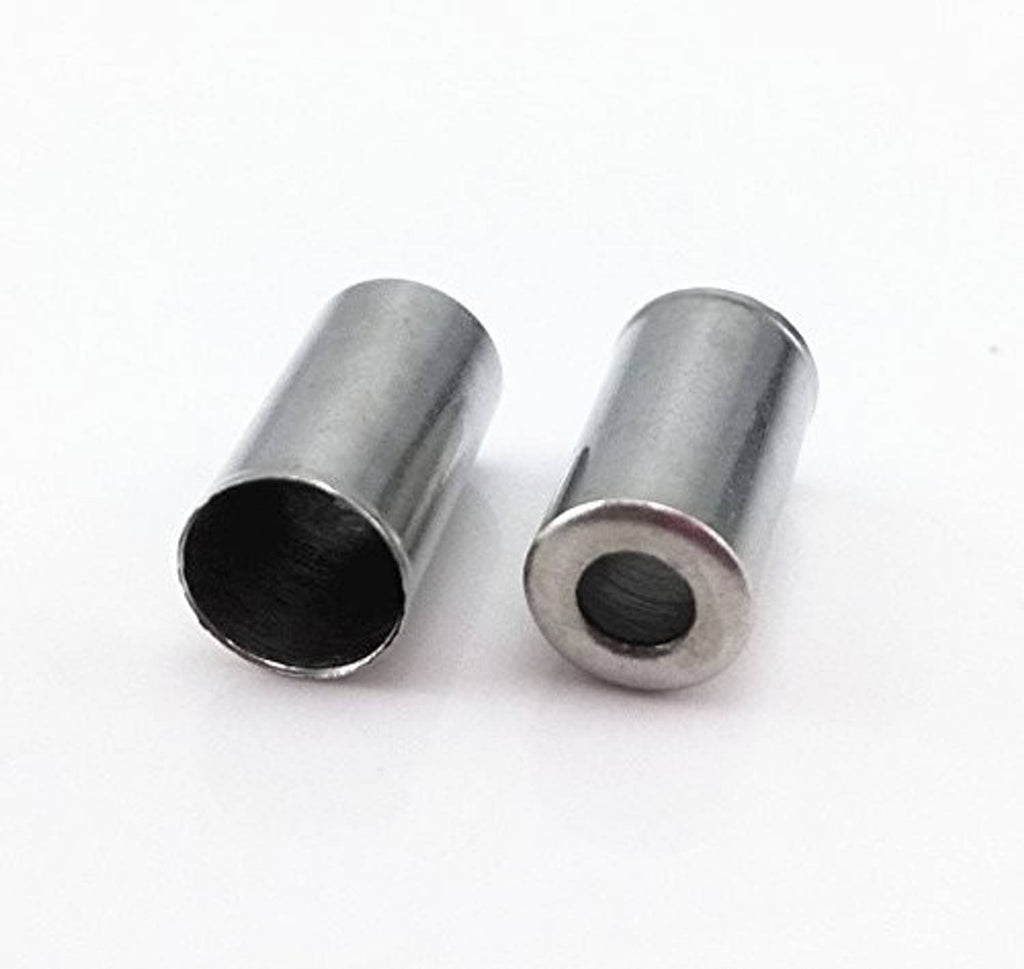 Bike brake cable ferrules, two silver 5mm metal end caps with dark inner ring