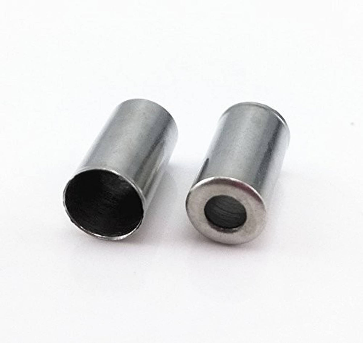 Bike brake cable ferrules, two silver 5mm metal end caps with dark inner ring
