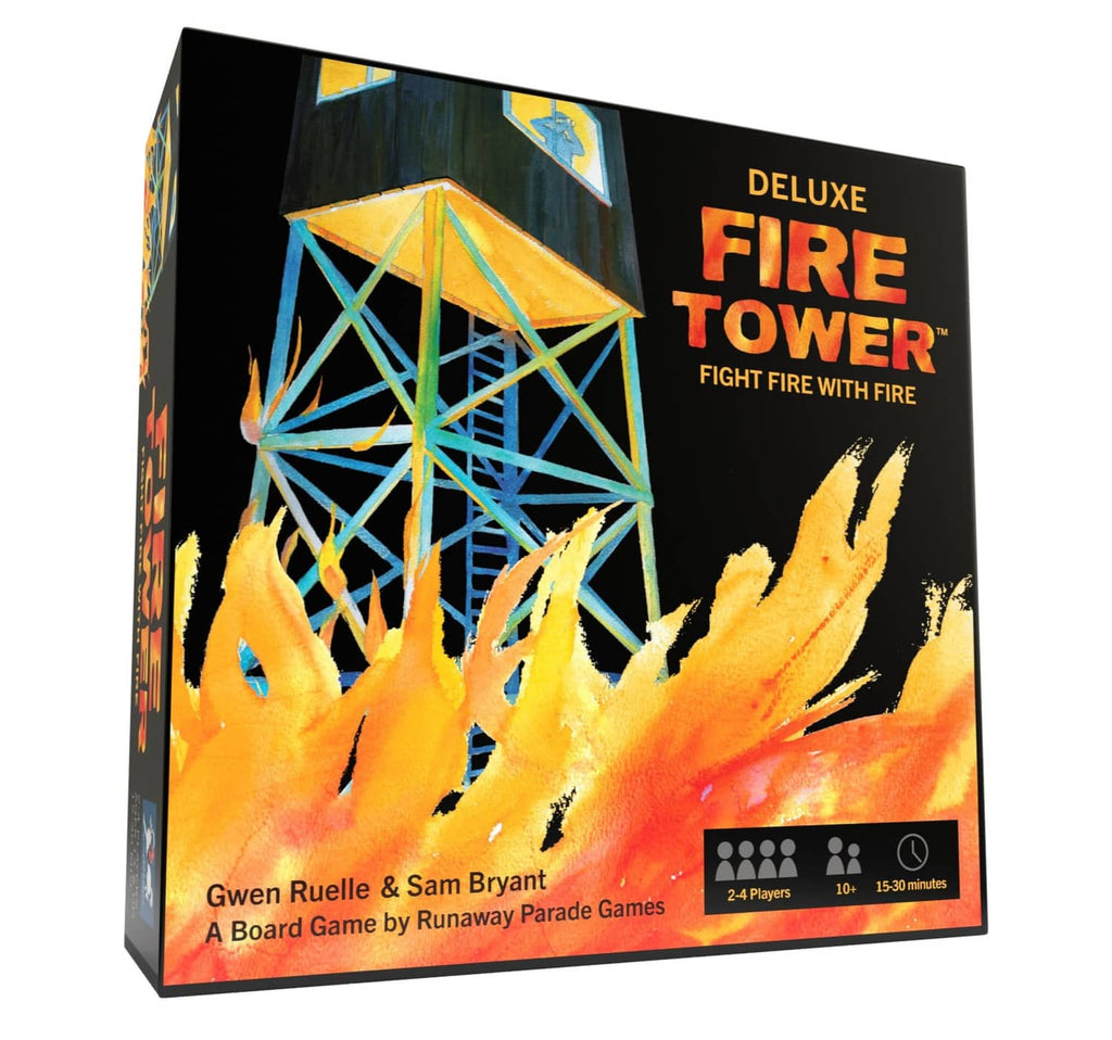 Deluxe Fire Tower board game box with flames and tower artwork