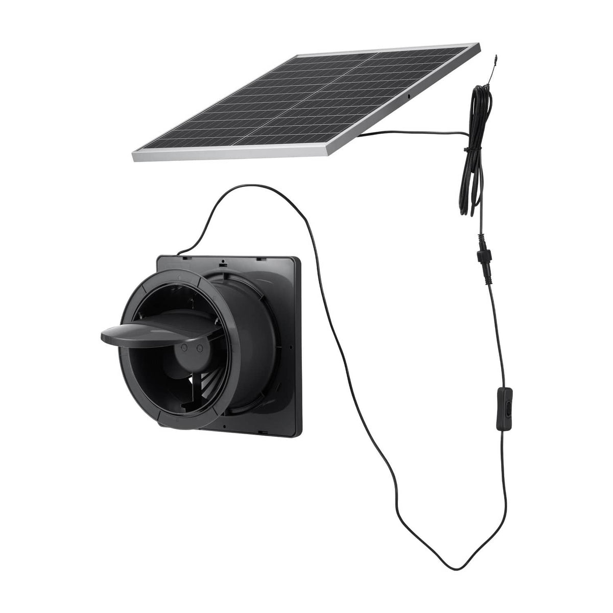 Solar ventilation fan and mounting panel with cable harness, shown on white background