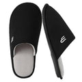 Black knit slip-on slippers with plush light lining and logo on side