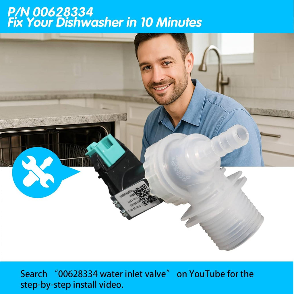 White dishwasher inlet valve with teal connector and ribbed hose spout