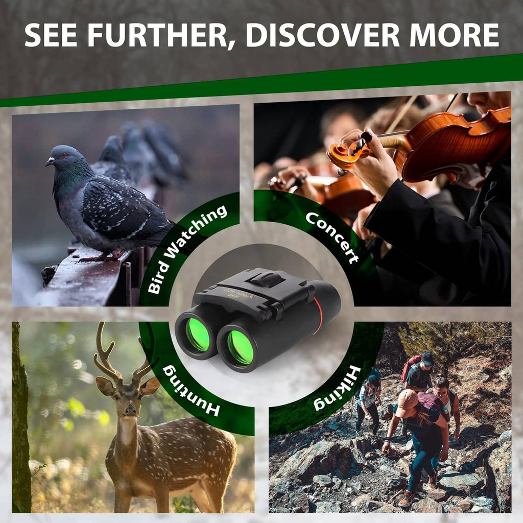 Compact black binoculars with dual green lenses and focusing knob
