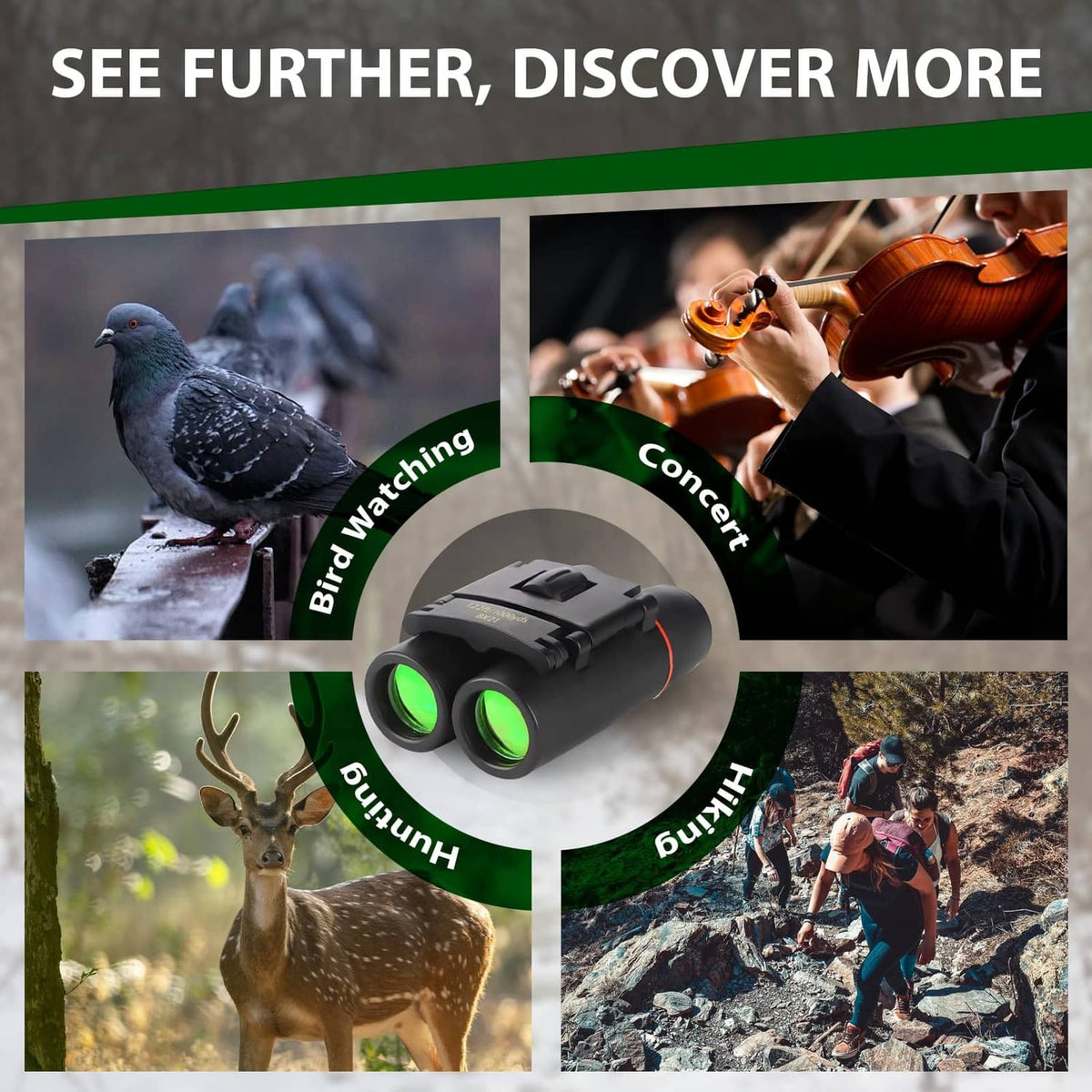 Compact black binoculars with dual green lenses and focusing knob