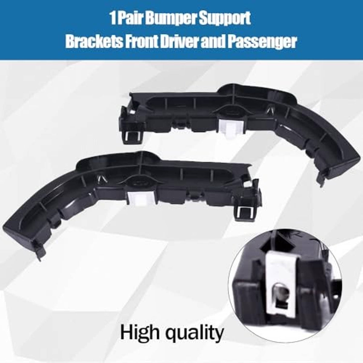 Front bumper support brackets pair, black plastic, with metal latch bracket detail