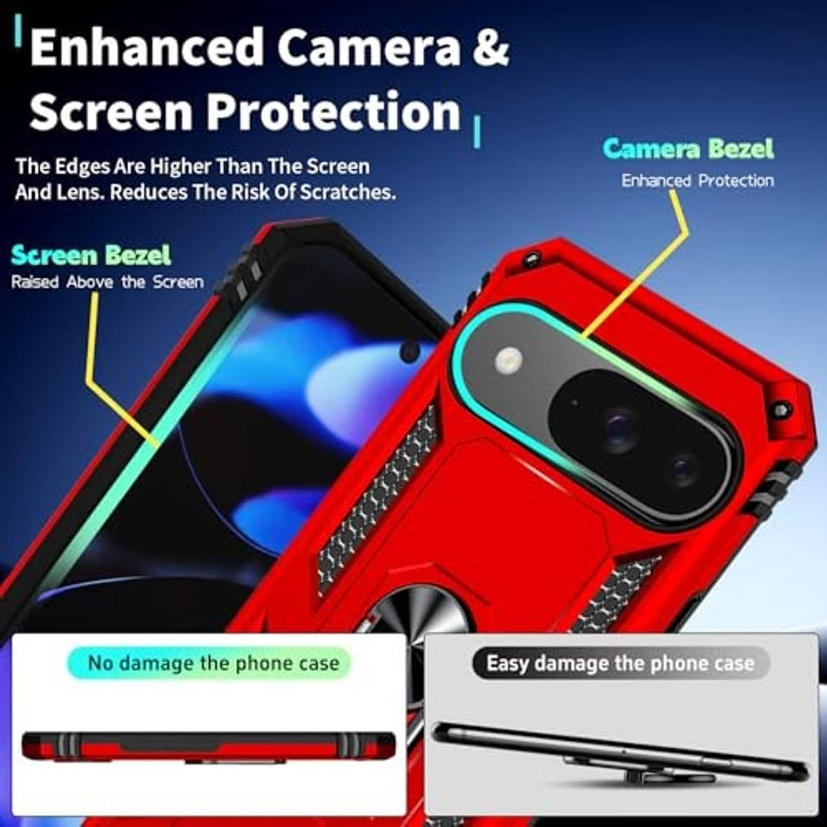 Red rugged phone case with raised screen bezel and camera bezels around dual lenses