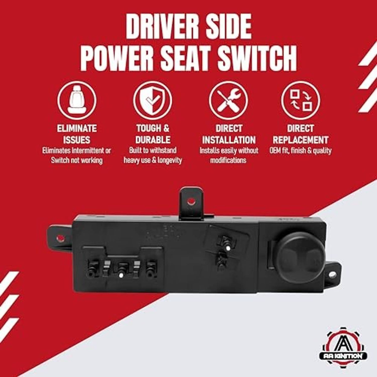 Driver-side power seat switch module shown on a red product graphic