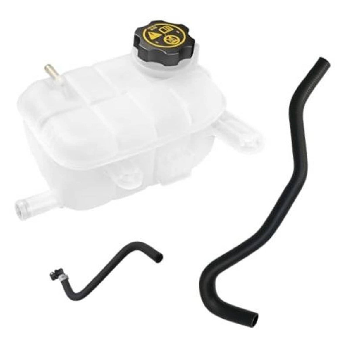 Coolant expansion reservoir tank with black hoses and pressure cap, white plastic body