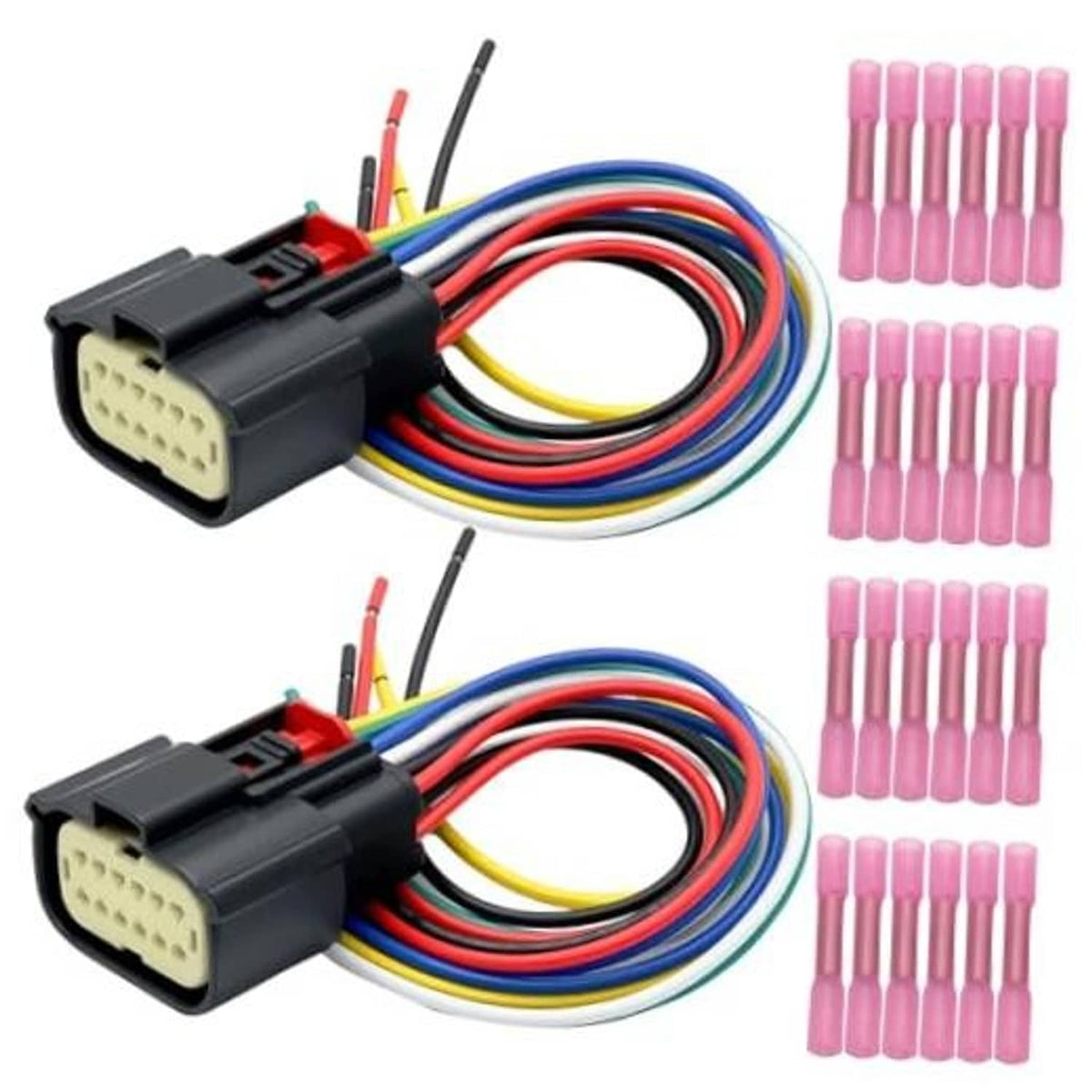 Headlight wiring connector pigtail set with 12-pin plug and multi-color wire leads