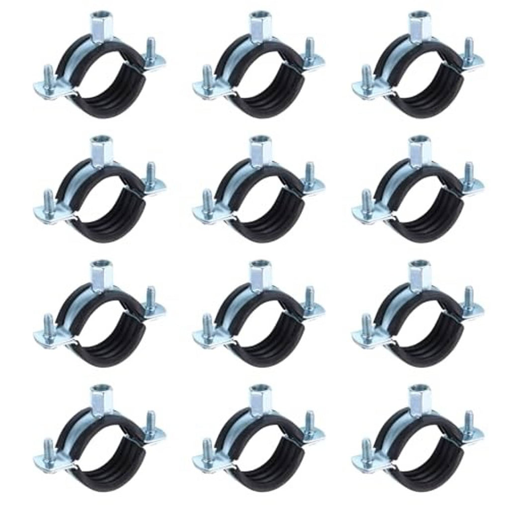Twelve split-ring pipe hangers with black rubber insert and zinc-plated mounting bolts