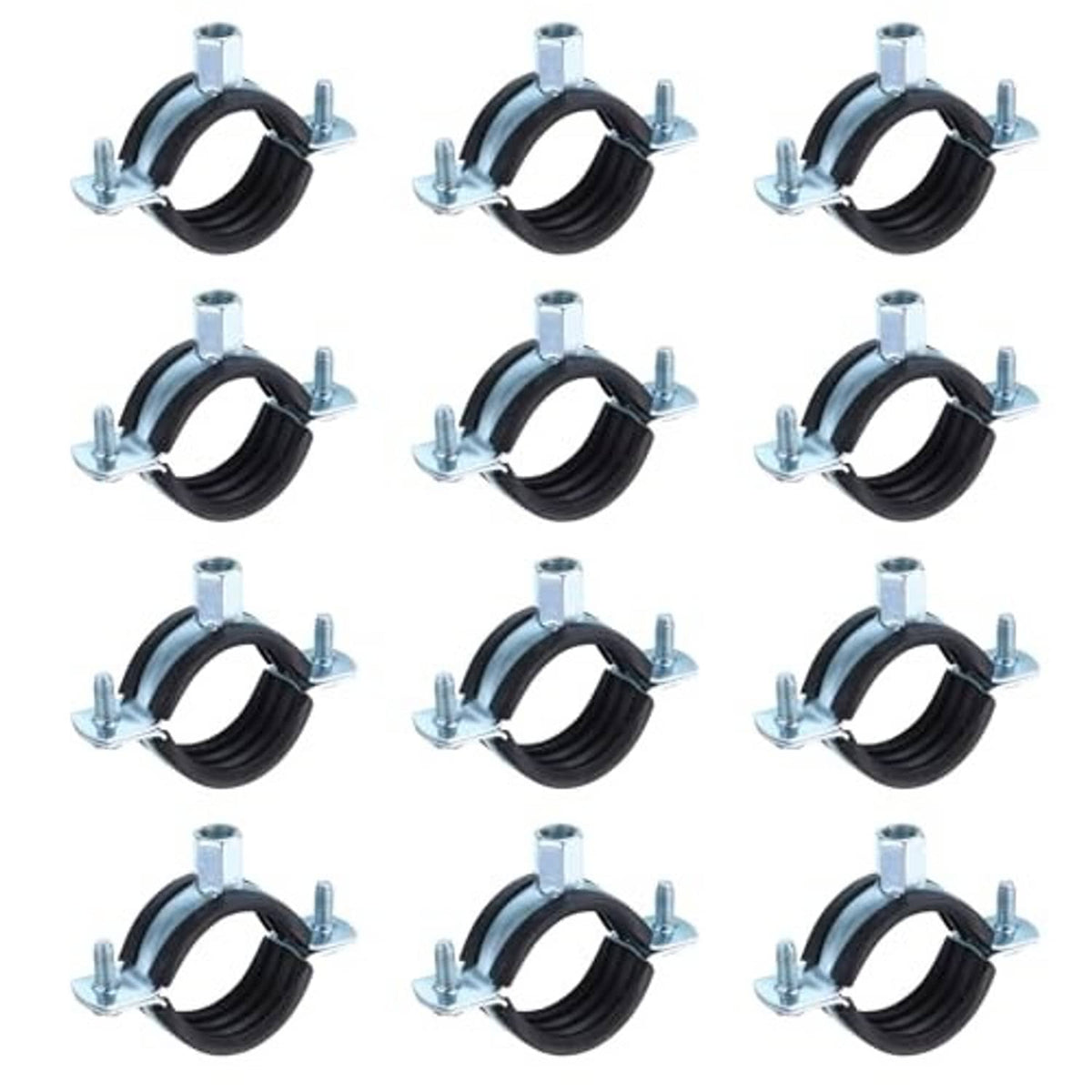 Twelve split-ring pipe hangers with black rubber insert and zinc-plated mounting bolts