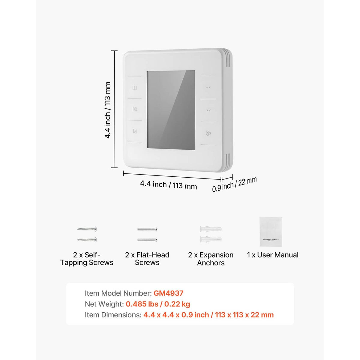 White programmable thermostat size diagram with included screws, anchors, and manual