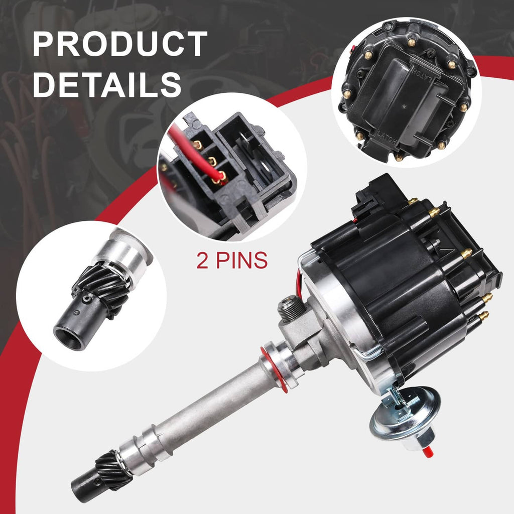 HEI tach drive distributor close-up with black cap area and 2-pin electrical connector