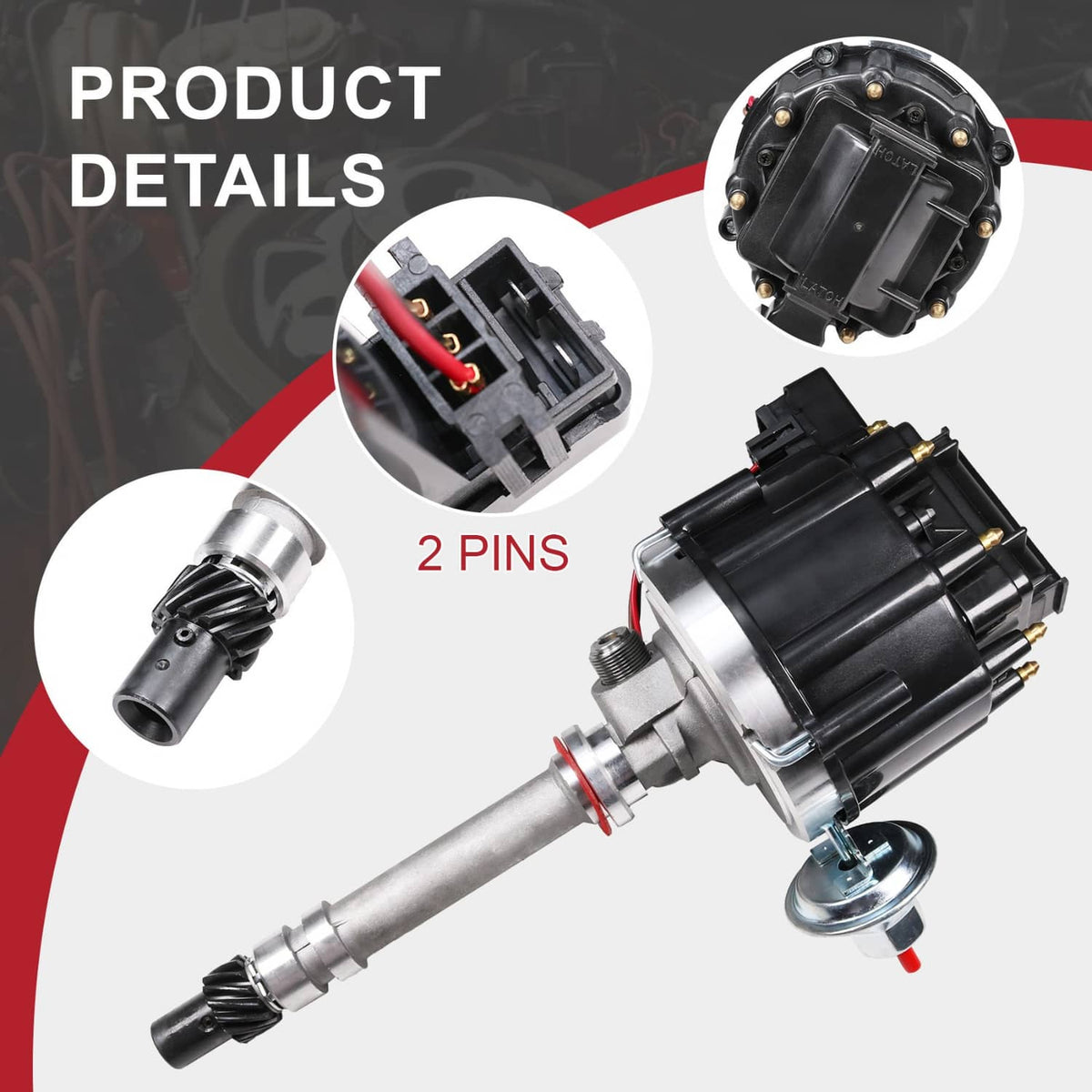 HEI tach drive distributor close-up with black cap area and 2-pin electrical connector