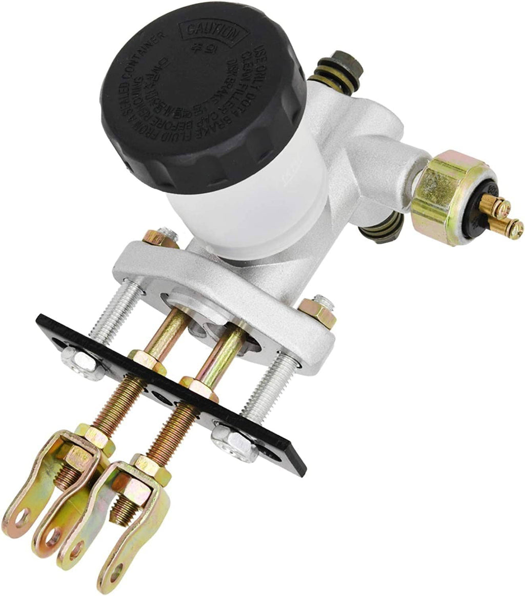 Hydraulic brake master cylinder close-up with black cap, lever mount, and outlet fitting