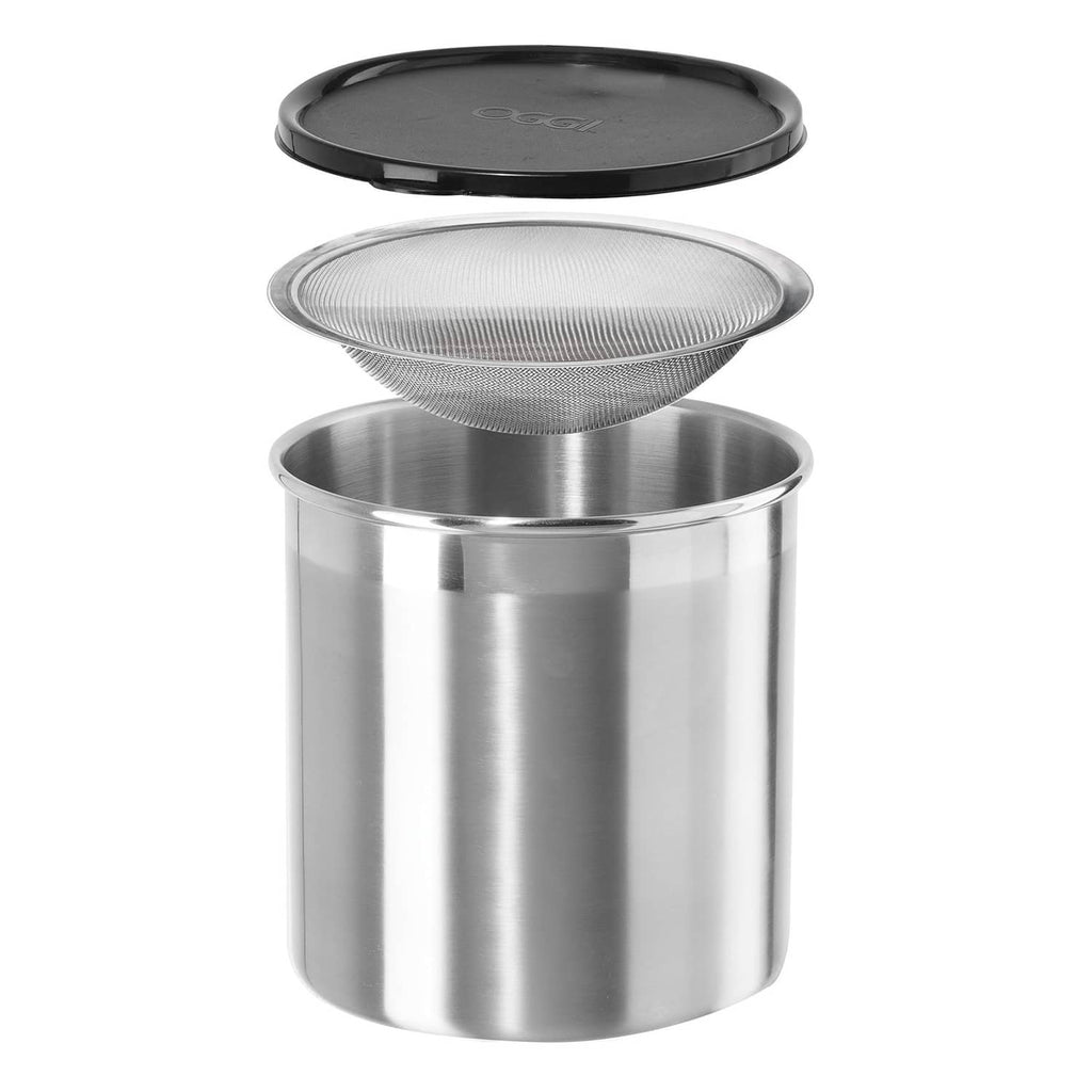 Stainless steel oil storage container with tight lid and fine mesh strainer insert