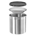 Stainless steel oil storage container with tight lid and fine mesh strainer insert