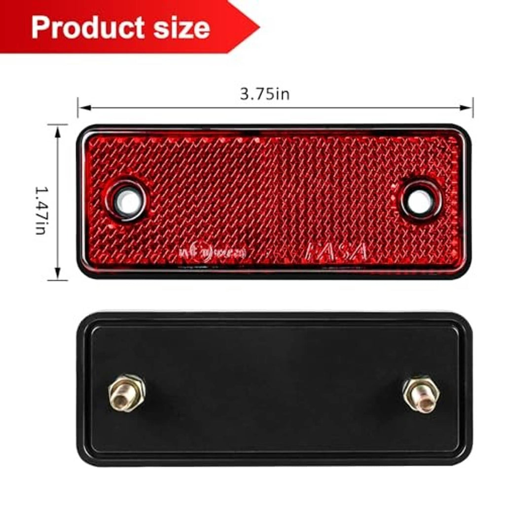 Red rectangular reflector with two mounting holes and matching black back plate.