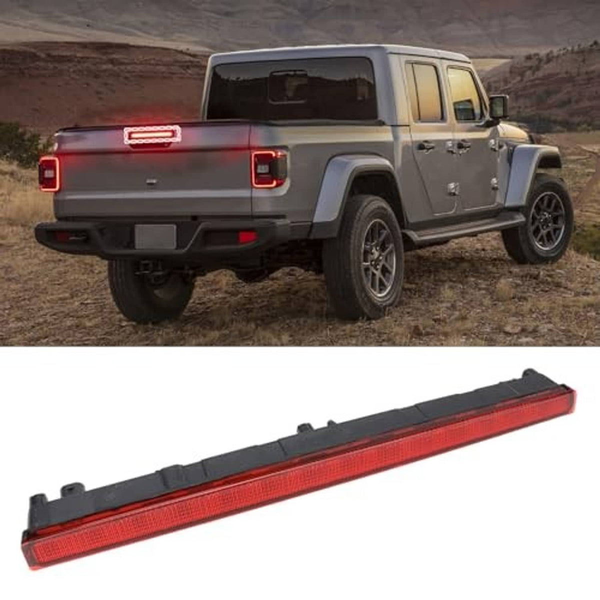 Third brake light assembly with red lens and black housing, close-up side view
