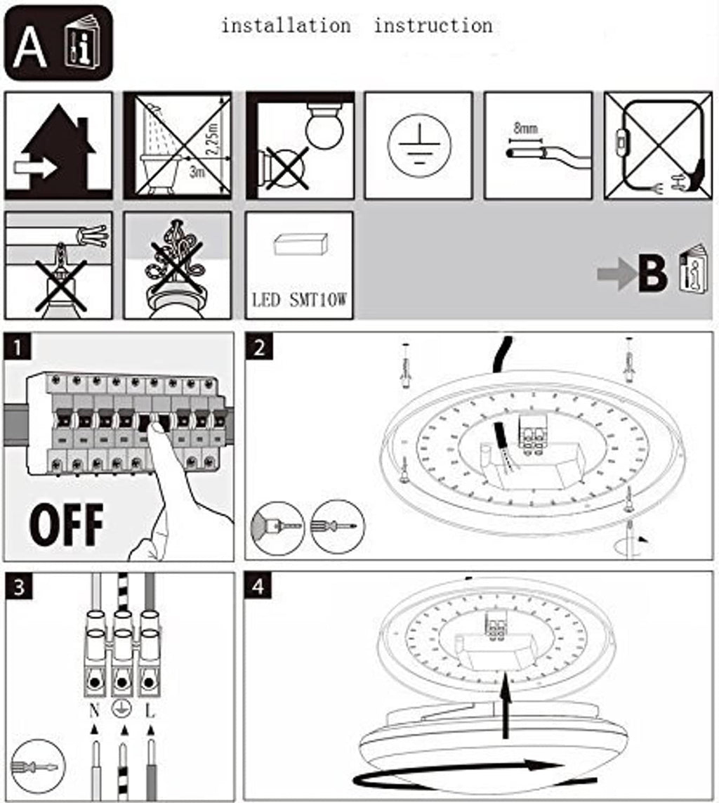 Installation diagram for round flush-mount LED ceiling light with wiring guidance