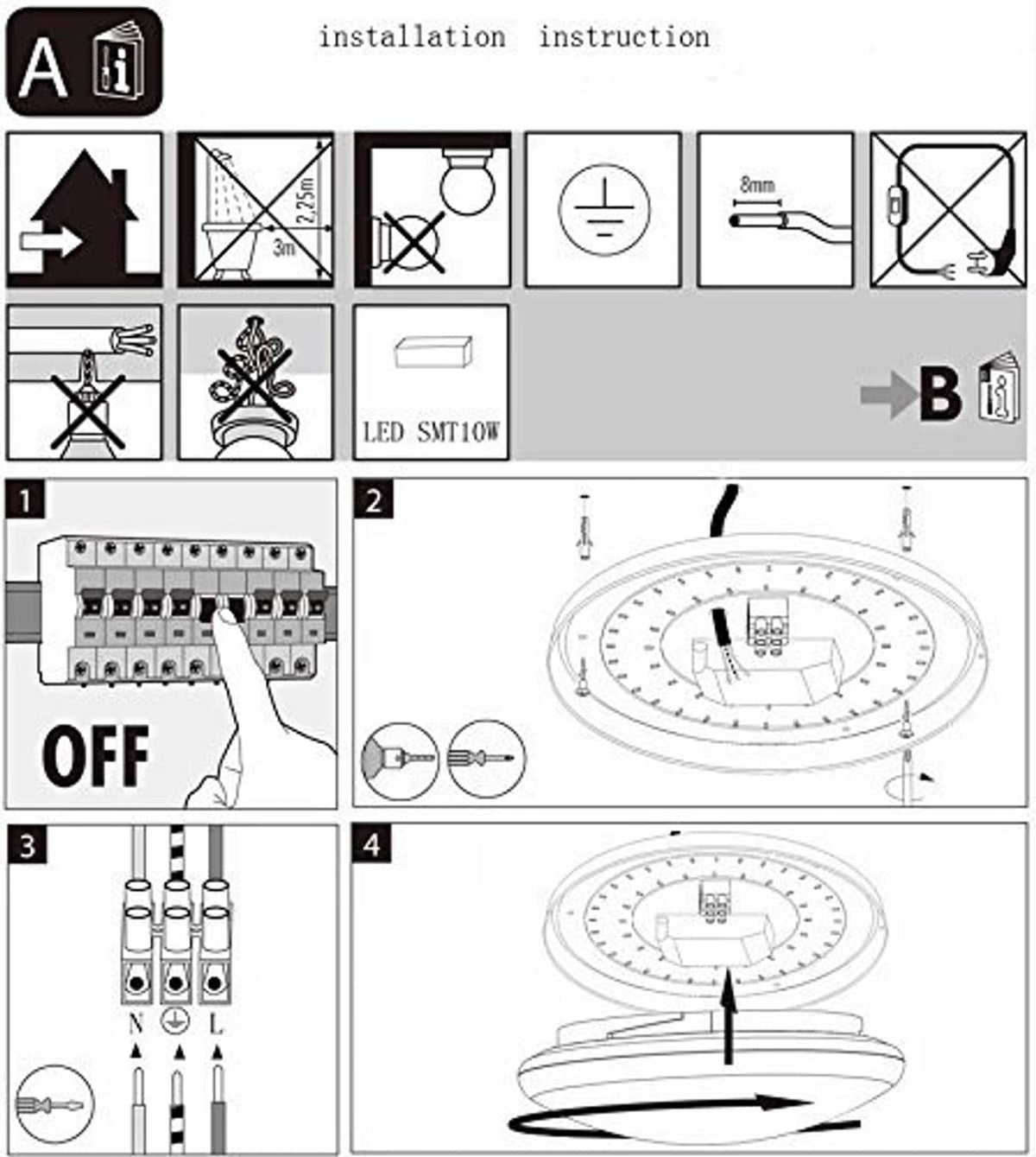 Installation diagram for round flush-mount LED ceiling light with wiring guidance
