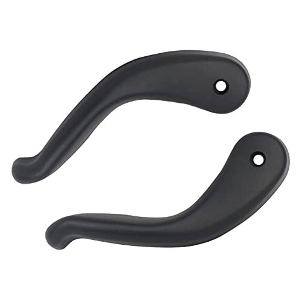 Dark black seat recliner handle levers, curved pair with circular mounting holes
