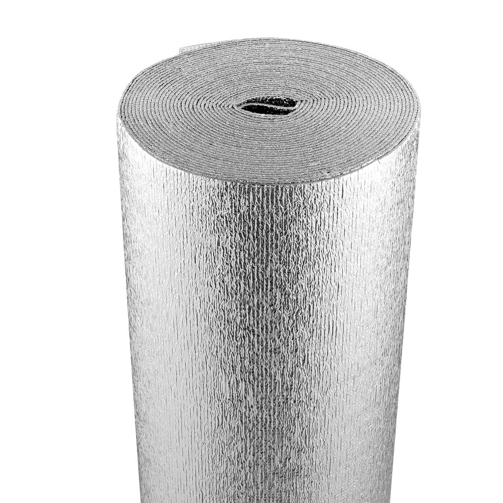 Silver reflective radiant barrier insulation roll with foam core, tightly wound