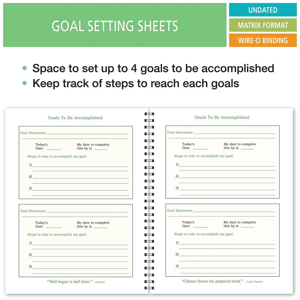 Student planner goal-setting sheets with space for up to four goals, wire-o binding