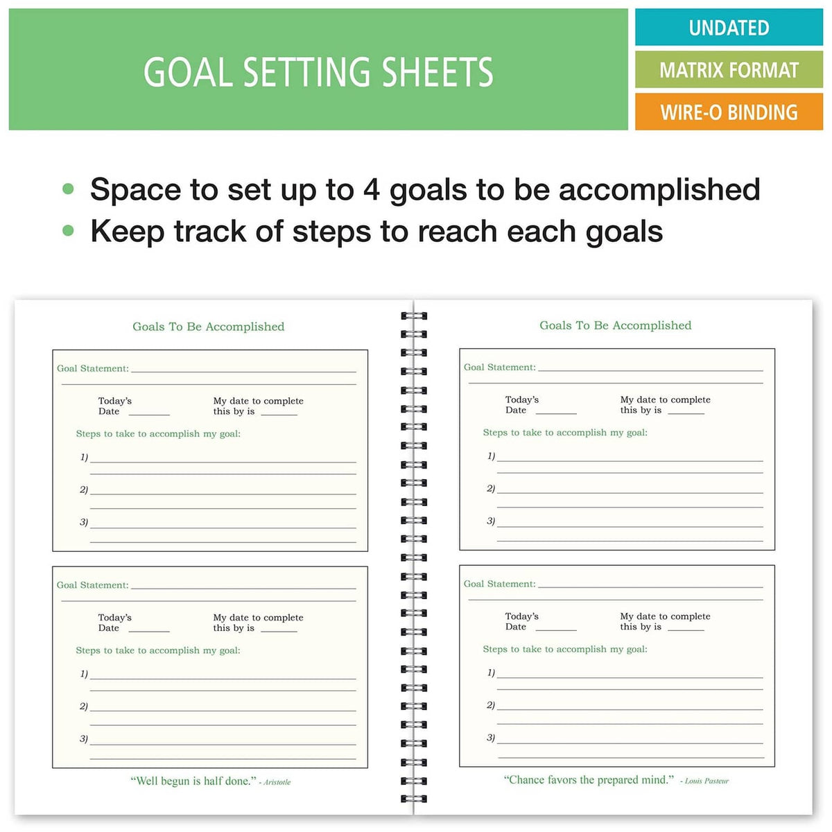 Student planner goal-setting sheets with space for up to four goals, wire-o binding