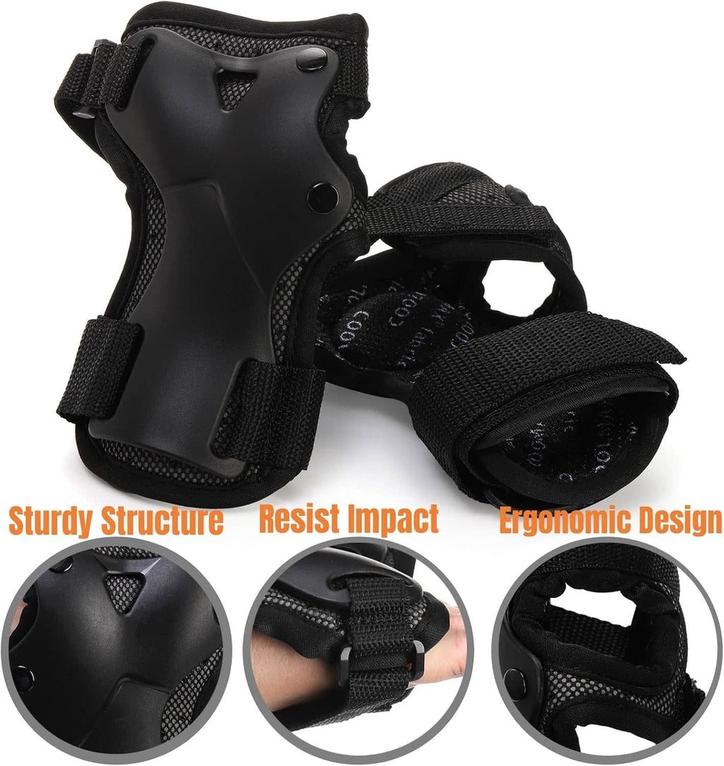 Black wrist guard with textured fabric cuff and protective molded palm insert