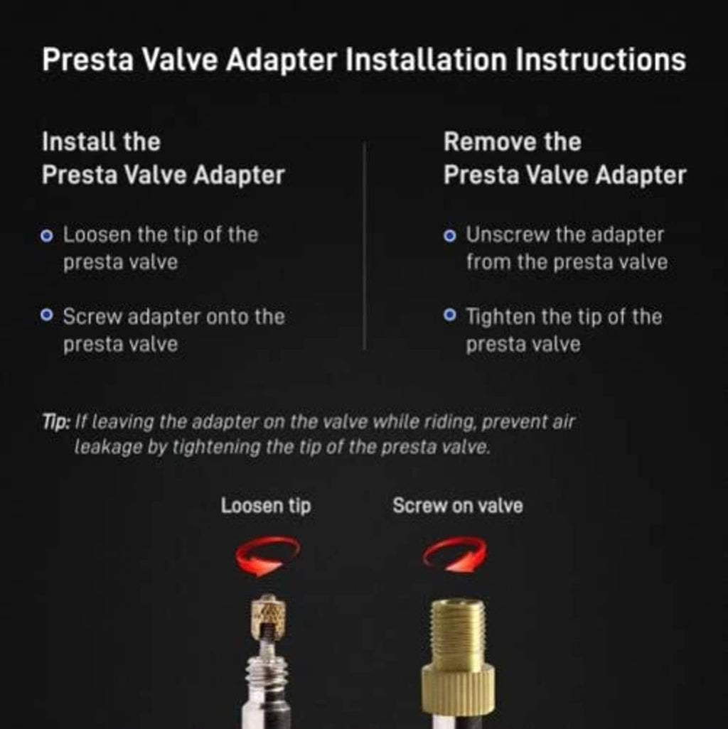 Instruction-style layout showing brass Presta valve adapter loosening and tightening steps
