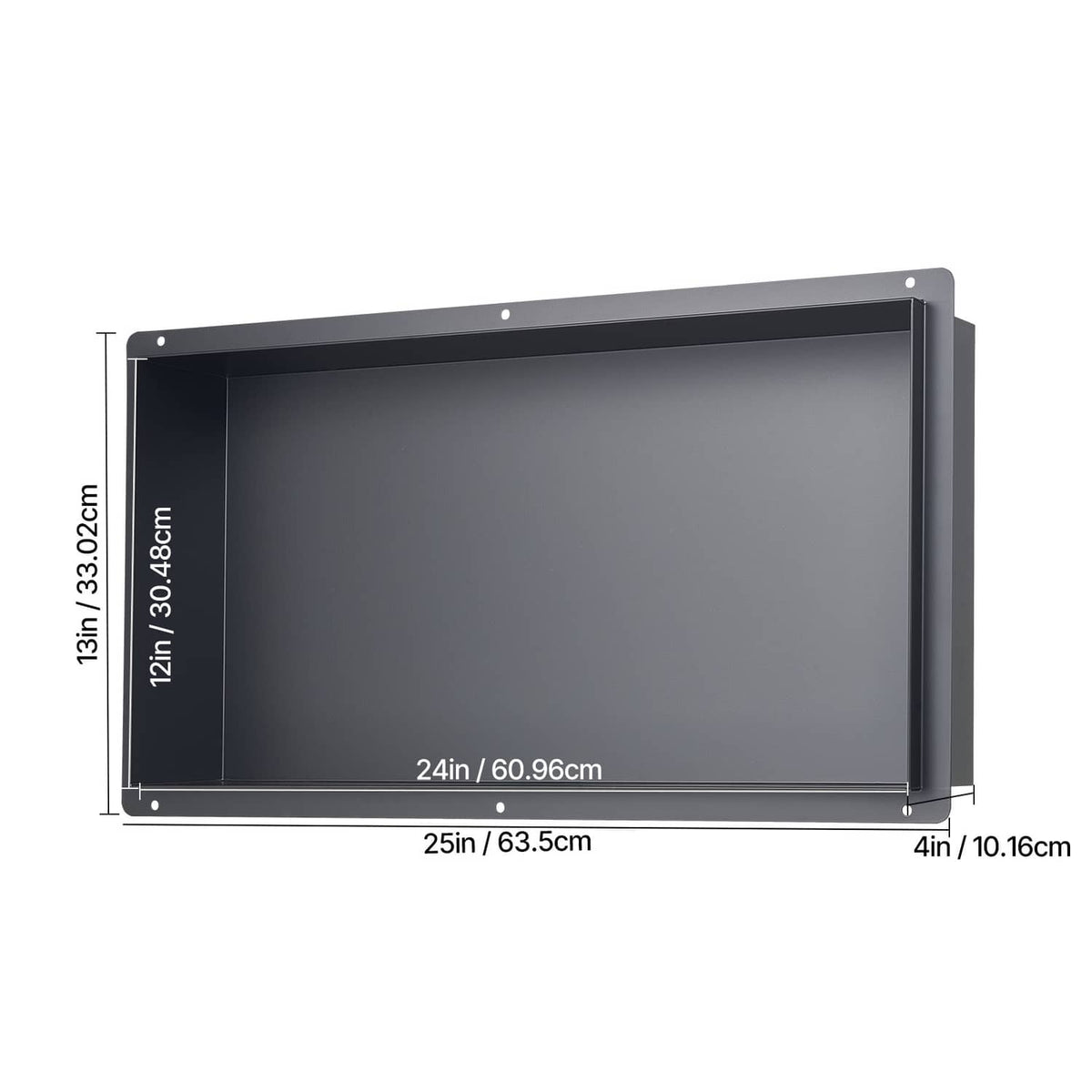 Black shower niche recessed shelf with overall size measurements