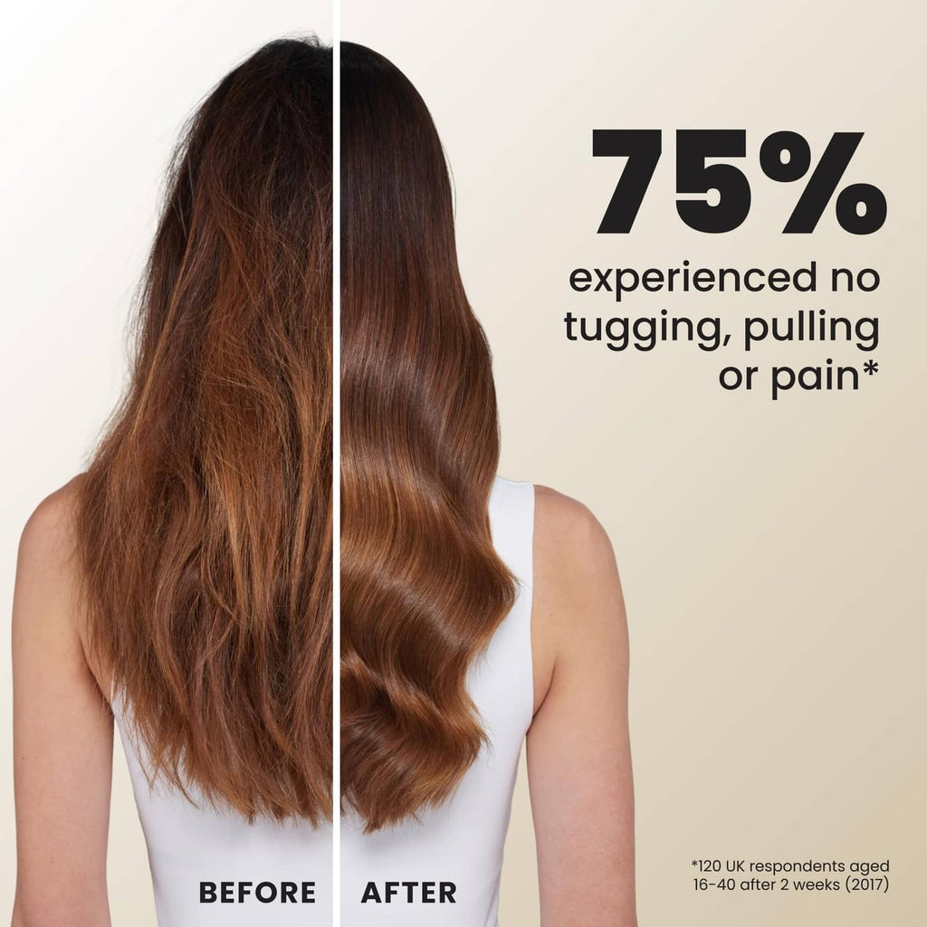 Before-and-after hair comparison with smoother, detangled strands