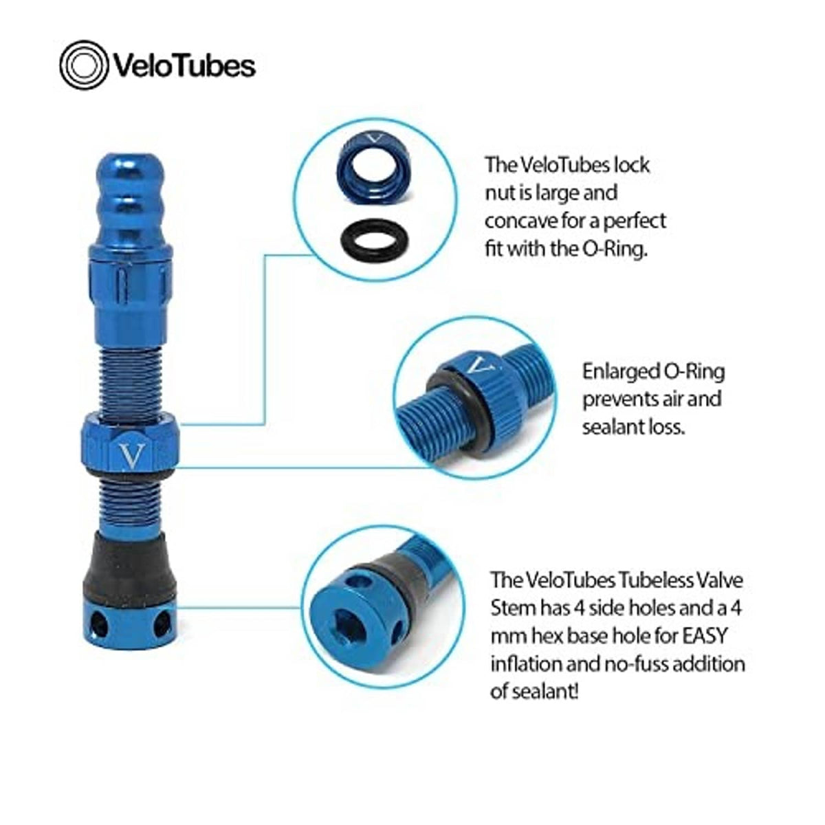 Blue tubeless Schrader valve with O-ring seals and enlarged O-ring detail