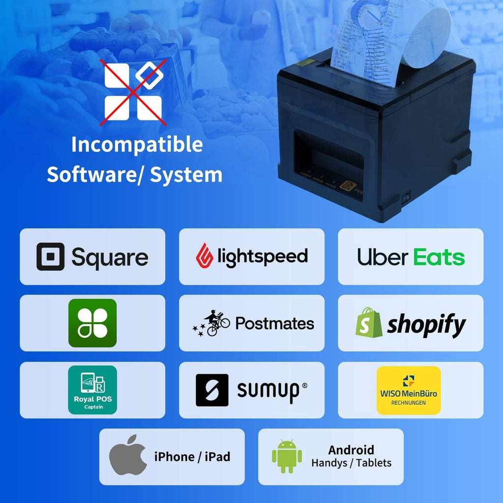 NetumScan black thermal receipt printer with compatibility warning icons