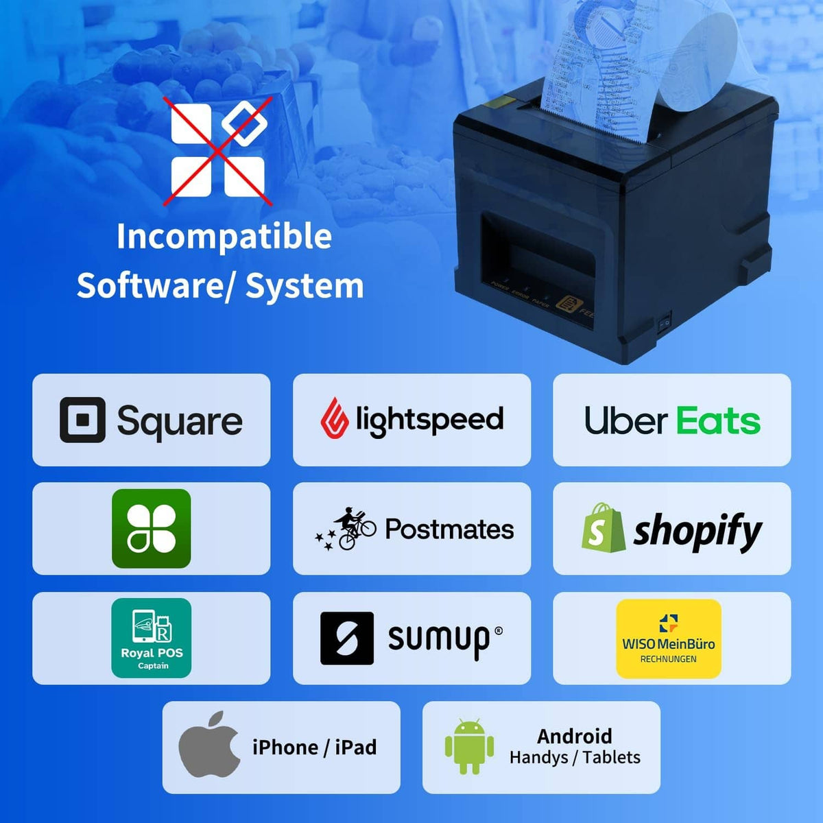 NetumScan black thermal receipt printer with compatibility warning icons